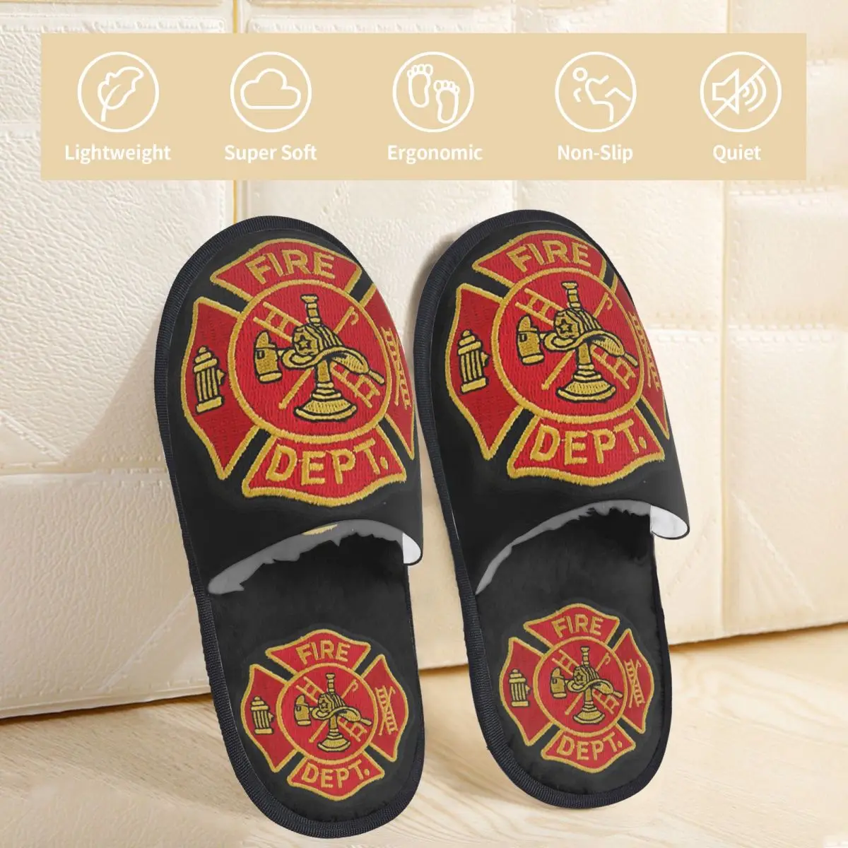 Red Fire Department Badge firefighter Men Women Furry Indoor slippers,Warm special Anti-skid Slippers