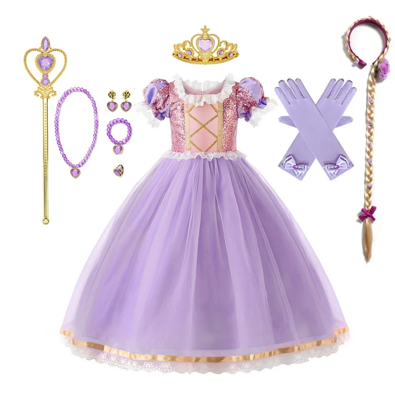 Girls Rapunzel Dress Kids Tangled Sequin Cosplay Carnival Children Princess Costume Birthday Party Gown Outfit Clothes