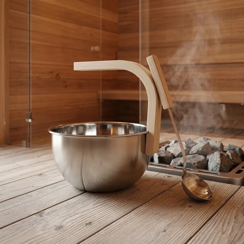 Stainless Steel Sauna Bucket Ladle Set Hard Wearing Spa Accessory Heat Resistant Container Kit For Sauna Room Bath House Spa