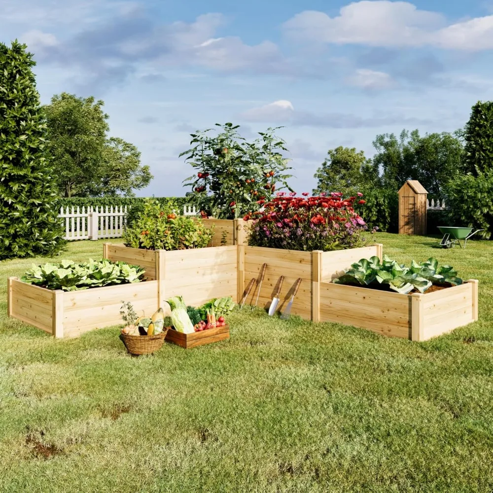 

3-Tier Raised Garden Bed for Outdoor Gardening, Fir Wood Planter Box with Dividers, Tool-Free Assembly, Garden Box, Customized