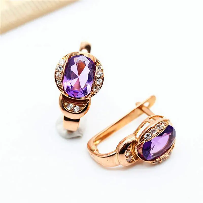 

585 purple gold plated 14K rose gold inlaid oval amethyst earrings for women creative elegance engagement high jewelry