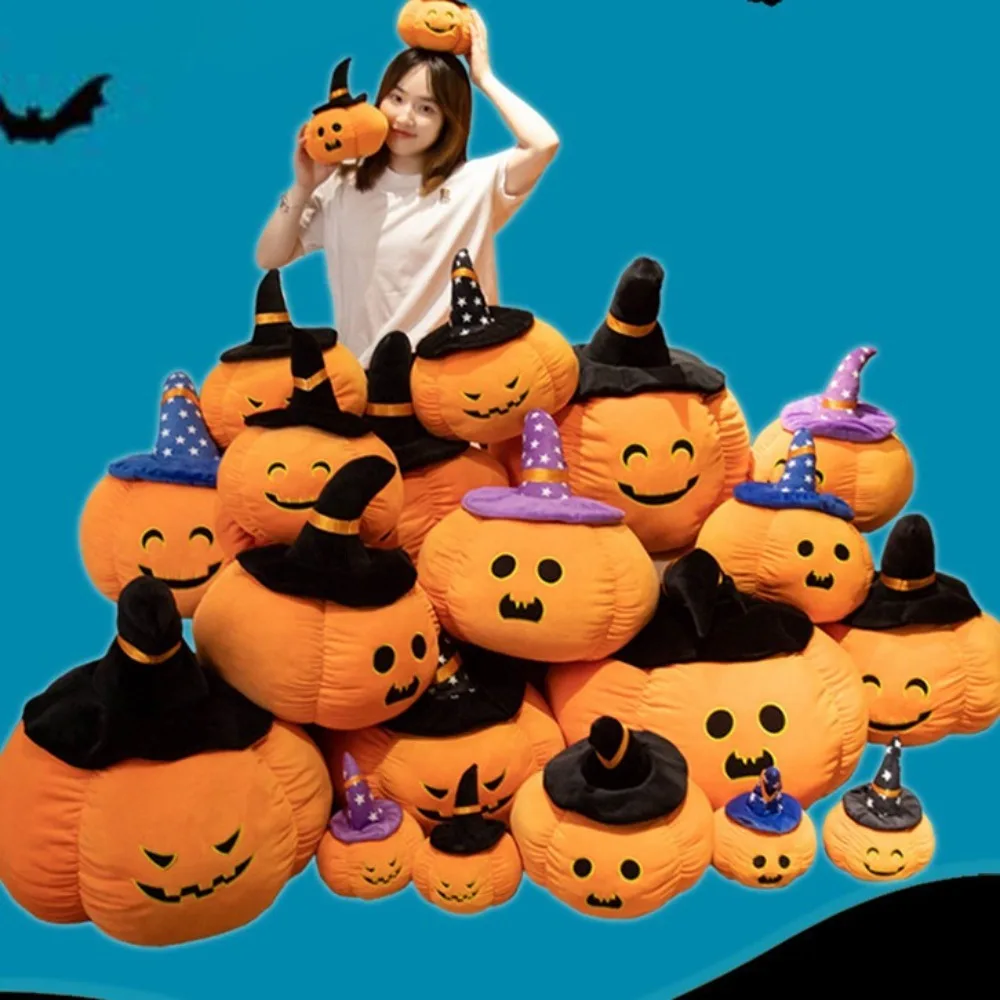 Usando chapéu abóbora demônio boneca recheado pp algodão halloween brinquedo de pelúcia macio engraçado halloween abóbora lance travesseiro decoração para casa