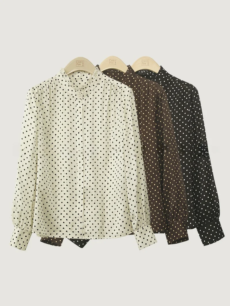 

Polka Dot Silk irt Women's Long Sve Spring Faion French Sle Straight Cut Gauze Sve Thin Body-friendly Breathable