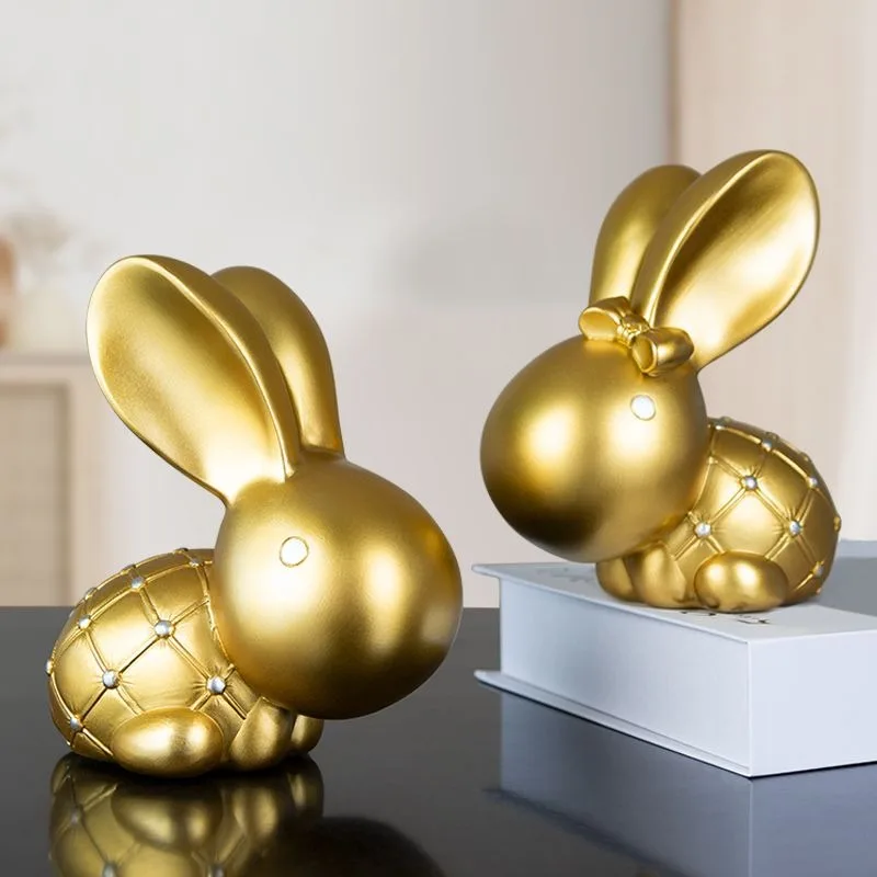 Ins Gift Golden Rabbit Couple Statue Desk Accessories Home Decoration Luxury for Living Room Decorative Figurines Ornament