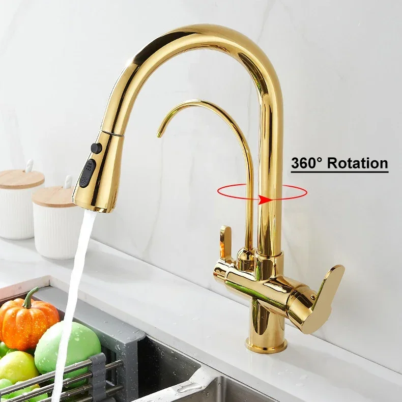 Touch Gold  Kitchen Faucets with Pull Out Sprayer Deck Mount Brass Kitchen Sink Mixer Tap with Drinking Water Tap