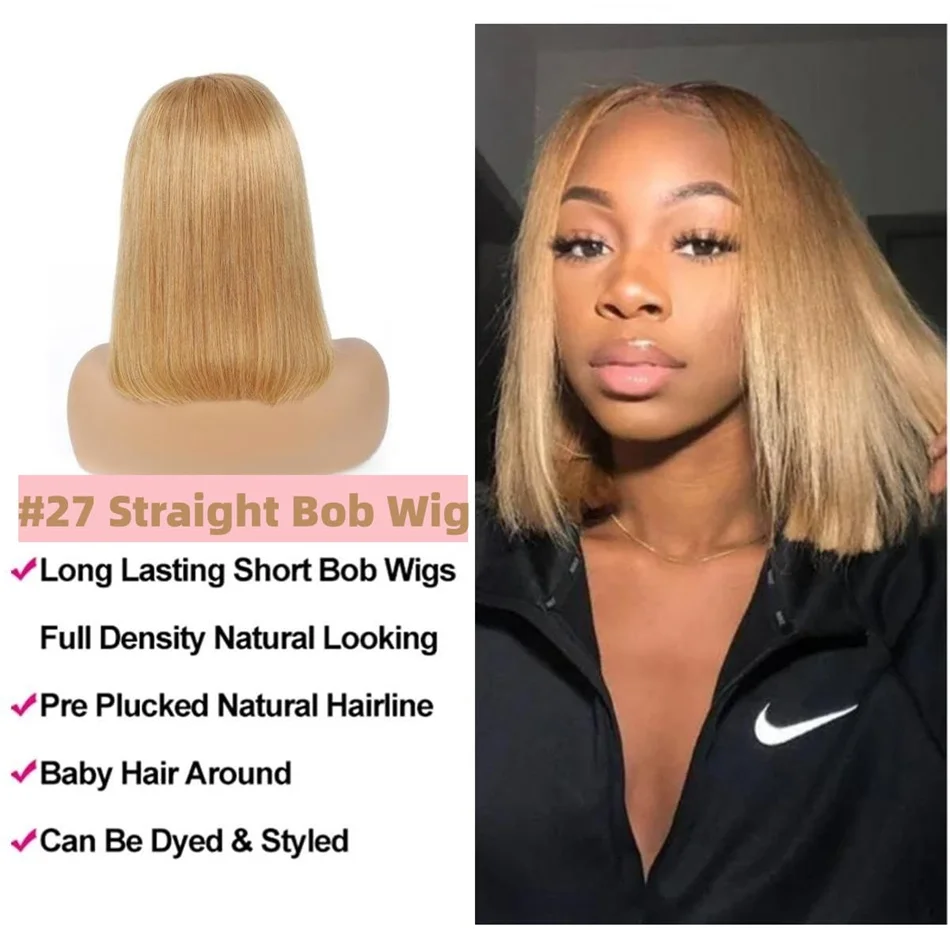 200% dubbelgetrokken # 27 Honingblonde Gekleurde Korte Bob Pruiken van Menselijk Haar Voor Vrouwen Menselijk Haar 13x4 Lace Front Bob Pruik Braziliaans haar