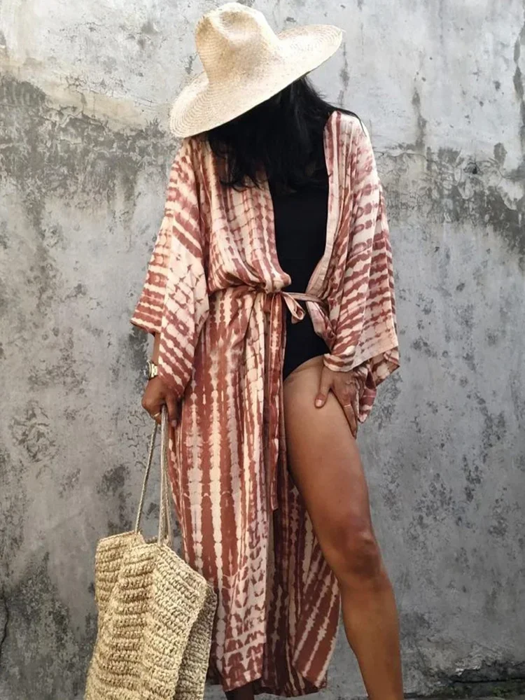 Nuevo Bikini Cover-Ups mujer playa cubrir Chic Tie Dye impreso cuello en V con cordones de talla grande playa vestido largo verano 2025 moda