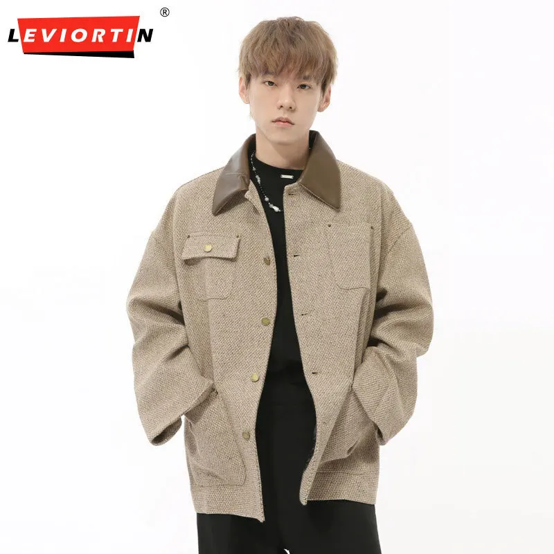 Men's Autumn New Product Retro Fashion Splicing Multi Pocket Single breasted Color Contrasting Casual Collar Loose Coat Trendy