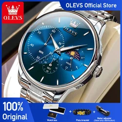 OLEVS erkek saatler basit rahat orijinal Quartz saat adam için su geçirmez paslanmaz çelik aydınlık ay fazı kronograf 24H
