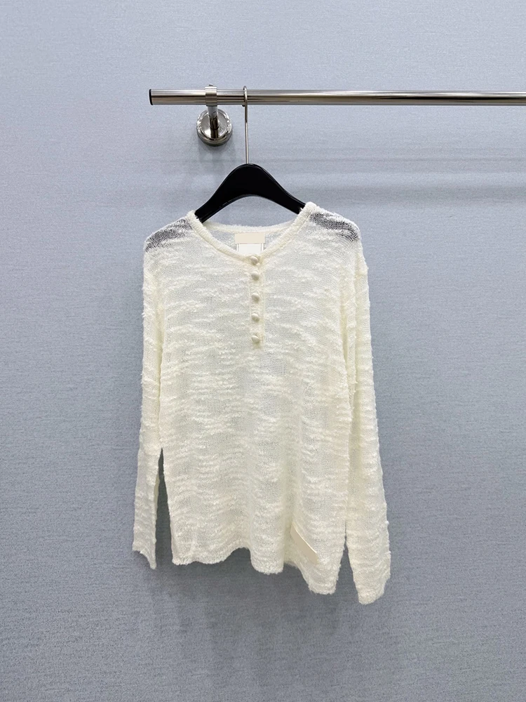 Spring Summer Fashion Beige Thin Style Breathable Knitting Pullovers Women's Solid Color O-Neck Button Loose Long Sleeve Shirt