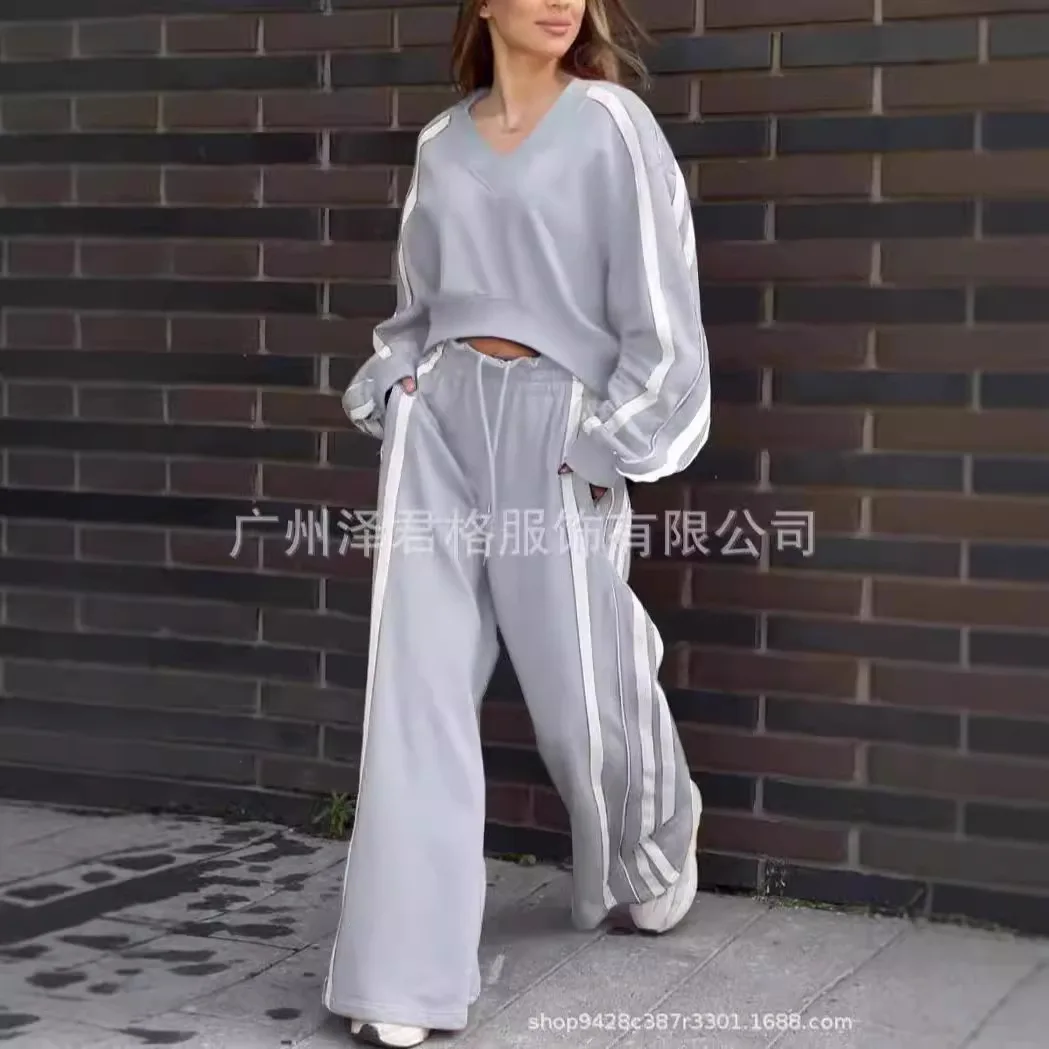 Casual Contrasting Color Suit Fashion V-neck Long Sleeved Short Style Pullover Top Elastic Waist Wide Leg Pants 2 Piece Set