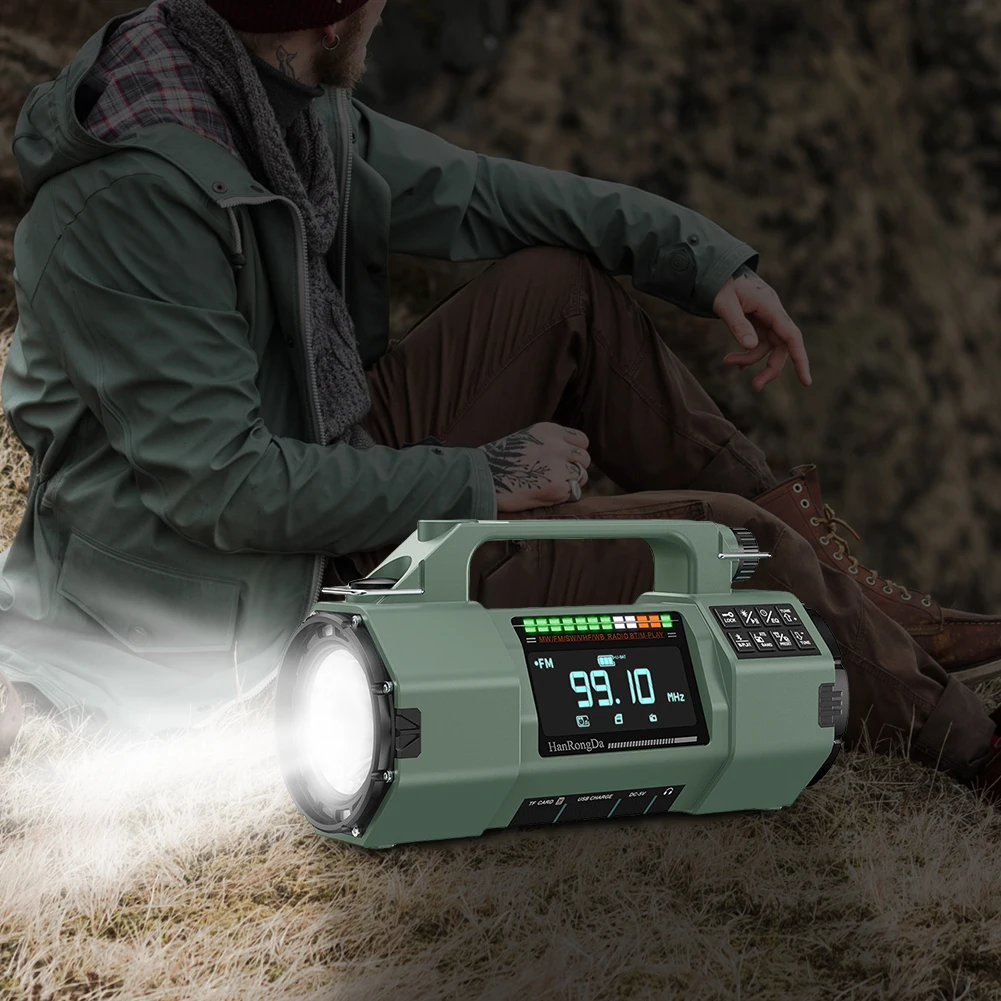 

Ручное аварийное радио FM/MW/SW/VHF/WB с функцией SOS-сигнала, светодиодным фонариком, Bluetooth-динамиком и солнечной зарядкой для дома и улицы