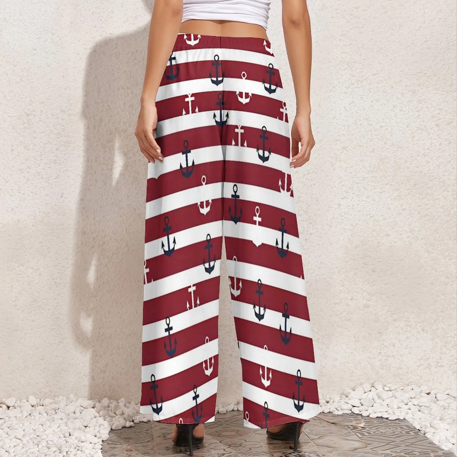 Red Stripes Navy And White Anchor Pants  Beach Straight Wide Pants High Waist Office Trousers 4XL 5XL 6XL