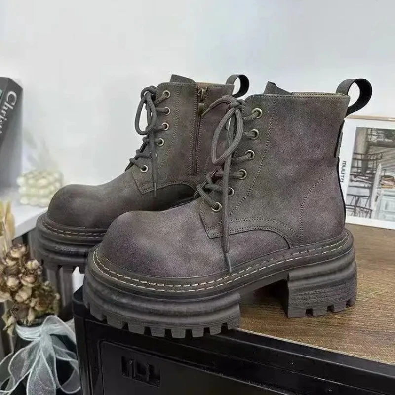 الرجعية جولة تو حذاء من الجلد للنساء أزياء من الدانتل متابعة الخياطة تصميم تشيلسي الأحذية مريحة عدم الانزلاق منصة مقاومة للماء الأحذية