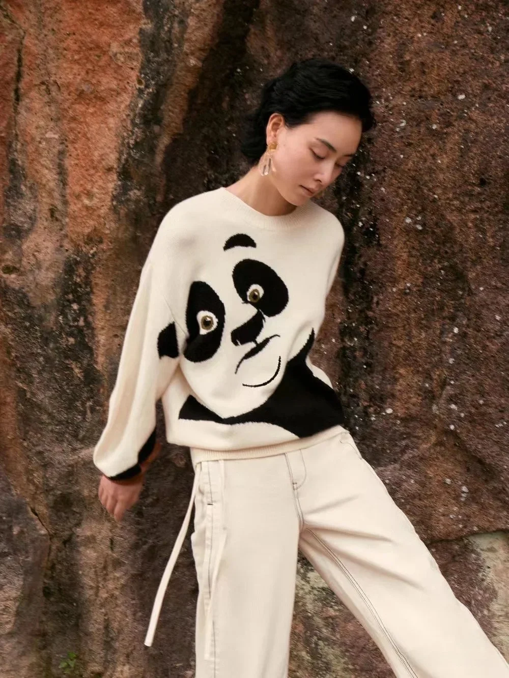 

Loose Fit Panda Pattern Wool Cashmere Sweater Autumn Winter New Arrival Women's Casual Style Long Sleeve round Neck Top