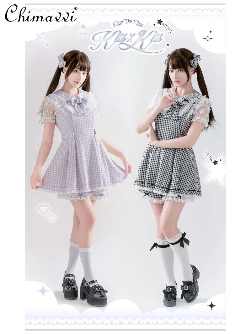 

Japanese-style Mass-produced Plaid Dress Set Spring Autumn New Fashion Cute Short-sleeve Top and Shorts Two-piece Set for Women