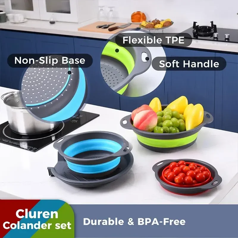 Collapsible Foldable Drain Basket 4Pcs Colander Set with Self-Draining Base Kitchen Fruit Veg Washing Strainer for Home Cookin