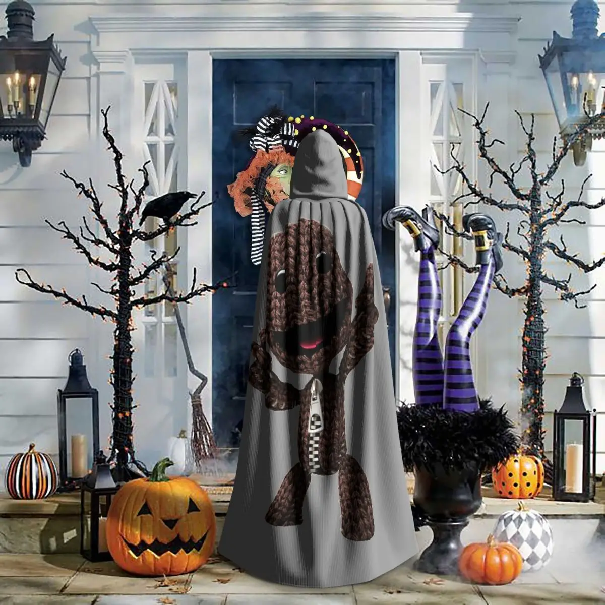 

LBP Sackboy Long Hooded Cloak Witch Medieval Costume Cosplay Cape HalloweenCoat Adult Unisex