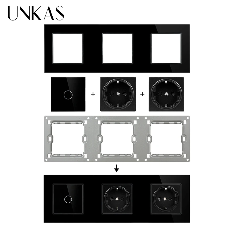UNKAS EU Standard Tempered Black Crystal Glass Panel USB Wall Light Touch Switch DIY Free Combination Sensor Button Outlet