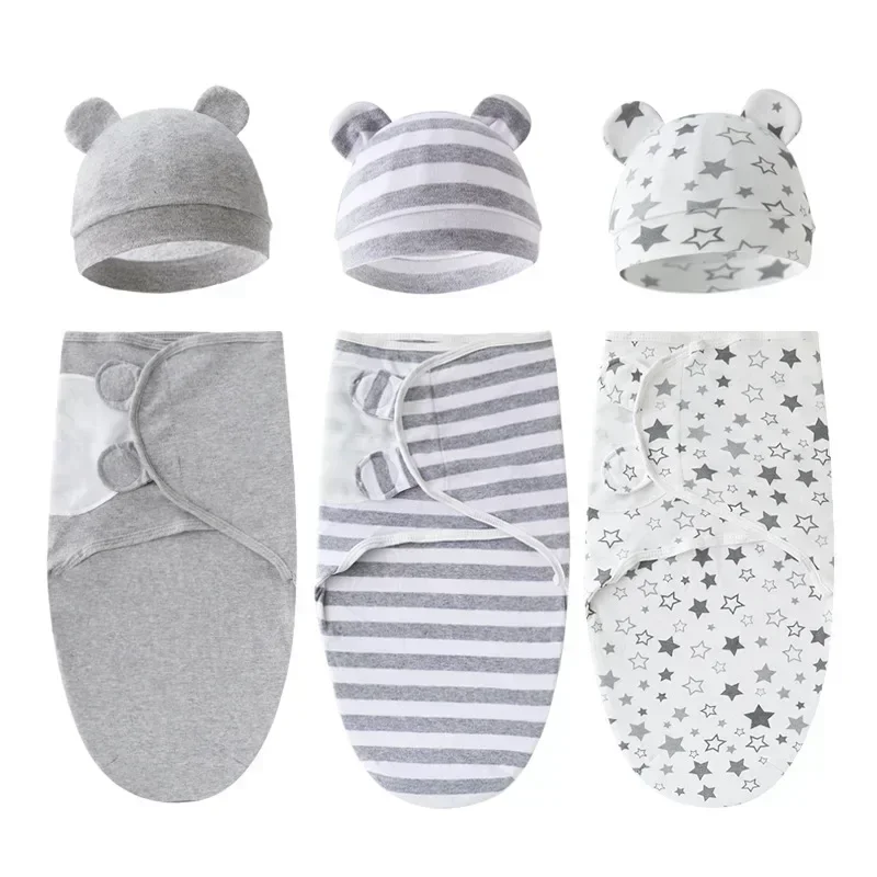 100% Cotton Baby Swaddle Blanket Swaddle Wrap Baby Hat Set for Infant Adjustable Newborn Swaddle Baby Swaddles 0-6 Month