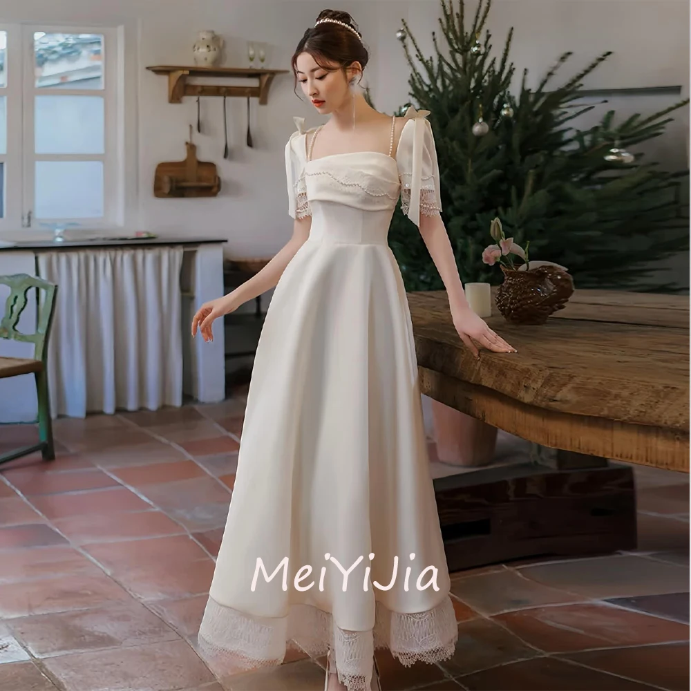 MeiYiJia Square Neckline Simple Beaded Ankle-Length Ruffle Satin Saudi Arabia Sexy Evening Birthday Club Outfits Summer 2024