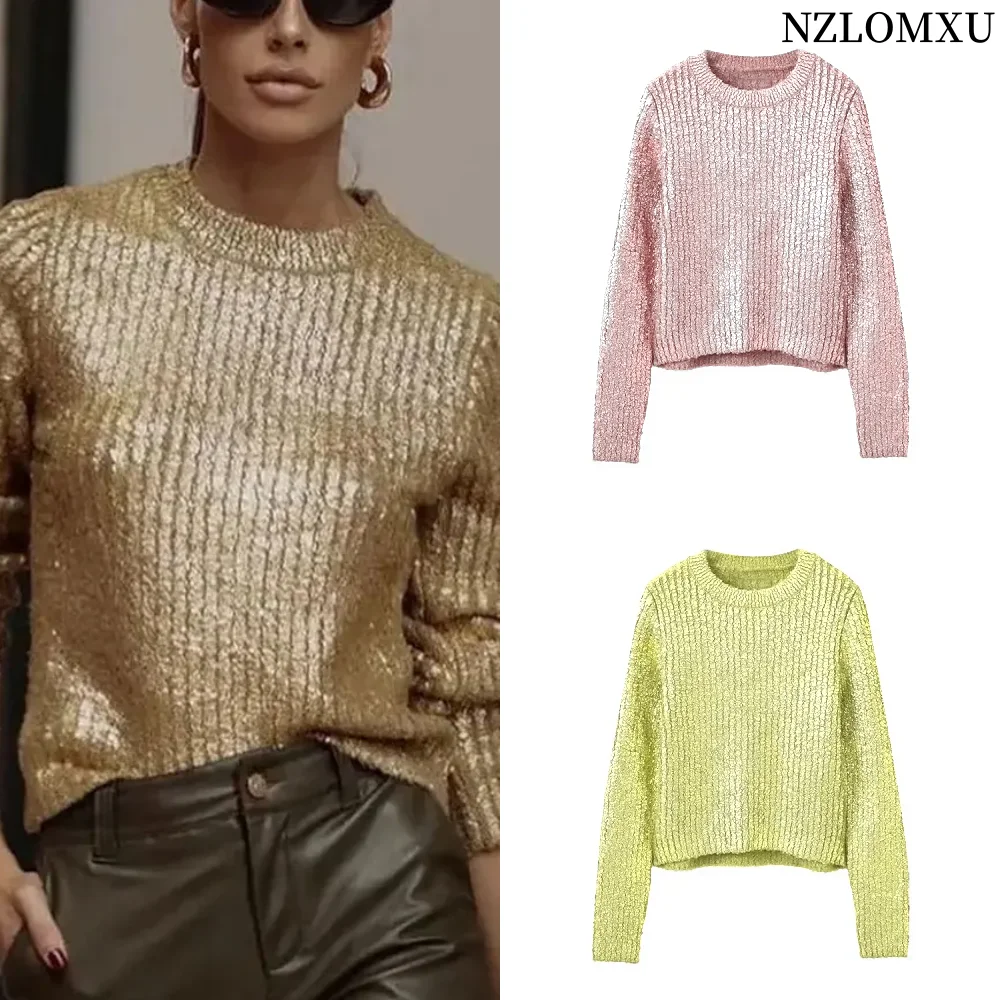 2024 Autumn Winter Women Metal Knitted Pullover Sweater Fashion Long Sleeve Vintage O-Neck Causal Elegant Slim Tops