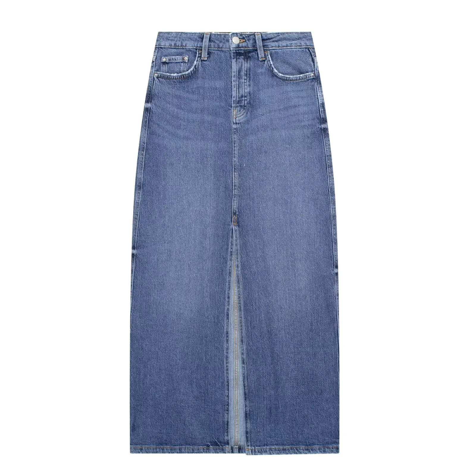 TRAF Blue Denim Long Skirt Woman High Waist Midi Skirts for Women Summer Slit Jeans Skirts Woman Streetwear Cargo Spódnice damskie