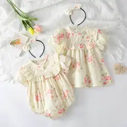 Summer New Baby Onesie Short sleeve Dresses New Girls Baby Bodysuits +Bow knot cute girls Children's Princess Children's clothin