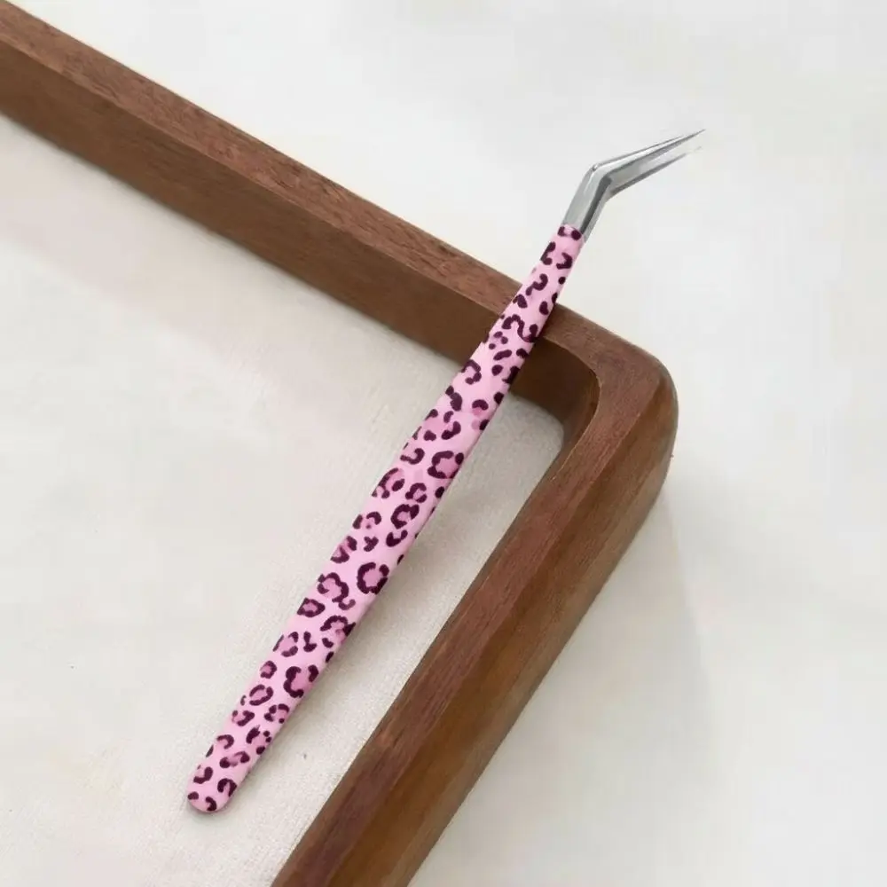 Stainless Steel Curved Stickers Tweezers Anti-static Leopard Print Lashes Extension Tweezer High Precision