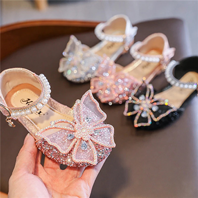 Kid Girl Sandals Rhinestone Butterfly Pearls Summer Casual Street Dancing Children Shoes