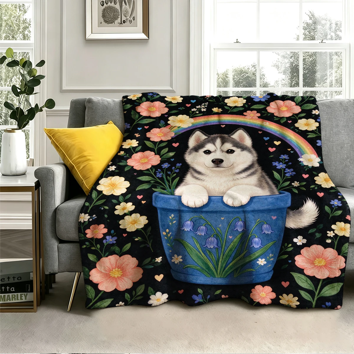 Husky Bluebell Pot Rainbow Flannel Blanket Warm Soft Halloween Christmas Decorative Couch Warm Cozy All-Season Gift