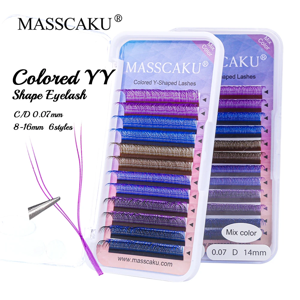 

Customized Private Label 12 Rows Blue Brown Purple Mix Color Soft Natural Handmade Woven YY Design Eyelashes Extension Wholesale