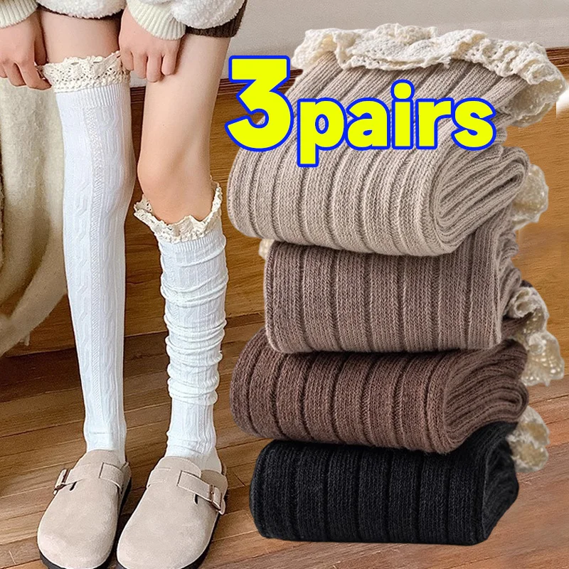 

Harajuku Knitted Pattern Lace Stockings Winter Warmer Floor Hosiery Socks Elegant Solid Color Lolita JK Stocking for Women Girls