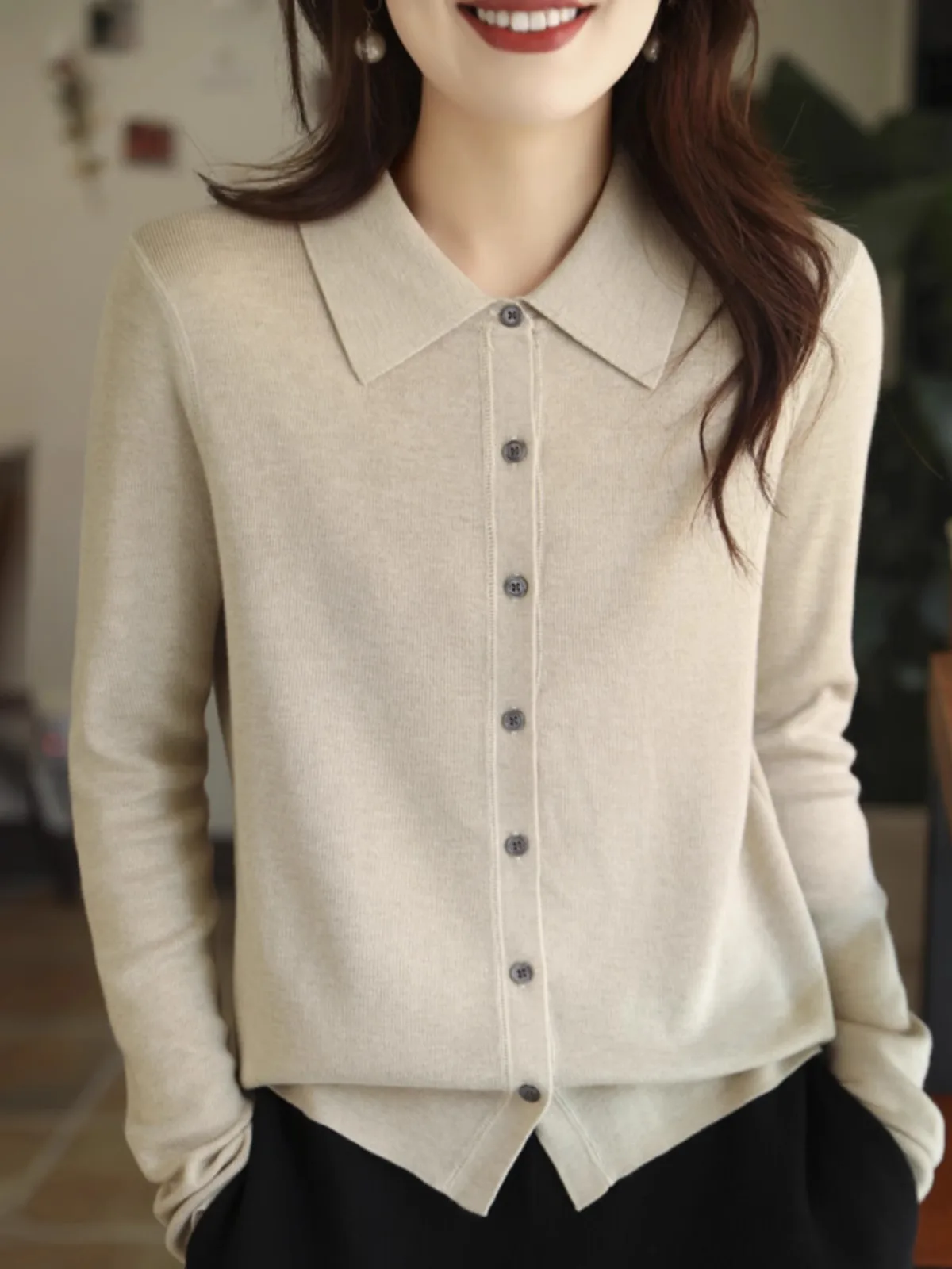 

Winter 2024 Women's Casual Knitted Wool Sweater Coat Long Sleeve Collar Open Cardigan Soft Warm Sheep Wool Base Shirt