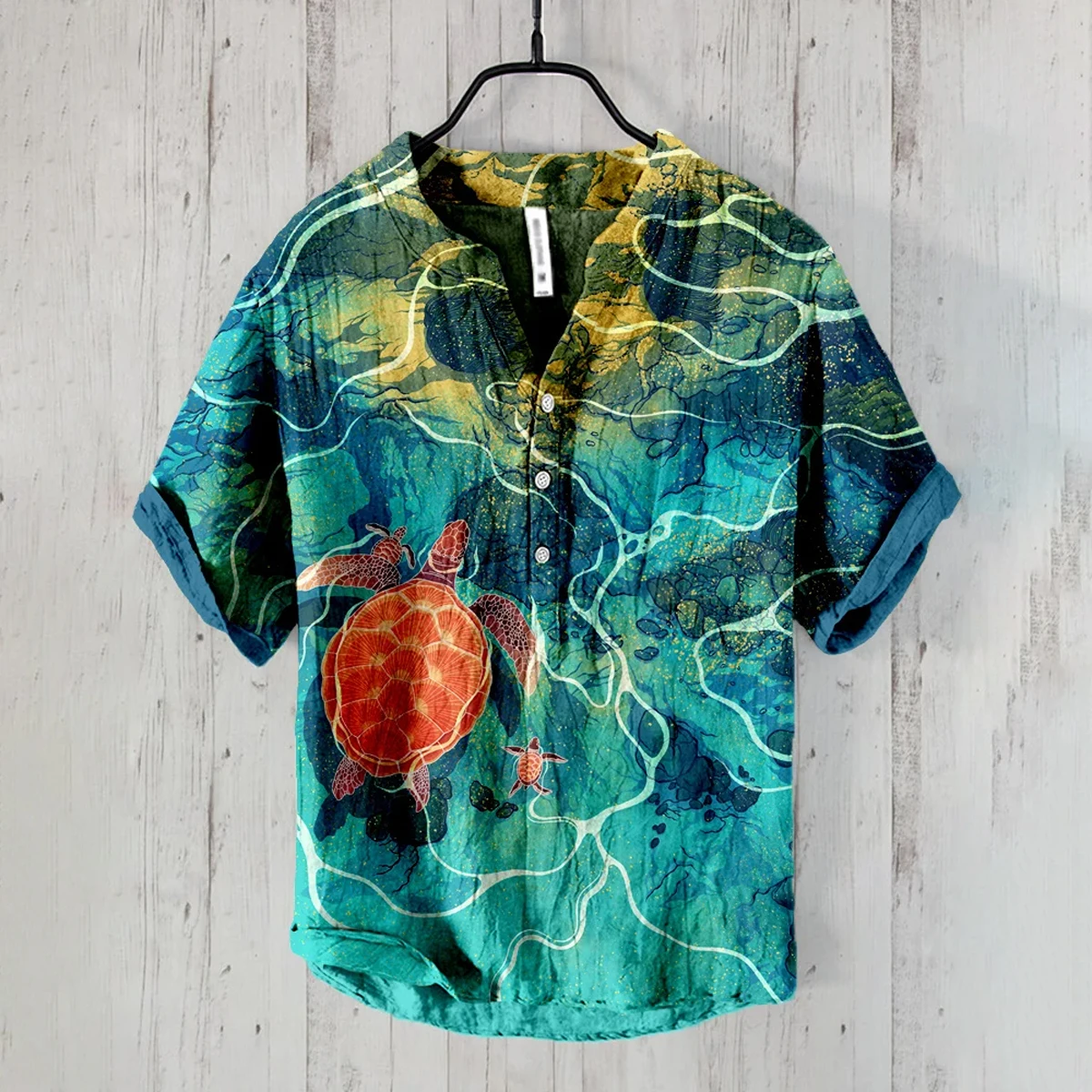 Linen short-sleeved shirt men\'s casual comfortable printed V-neck Hawaiian Ocean Wave series oversized size S-6XL fast delivery