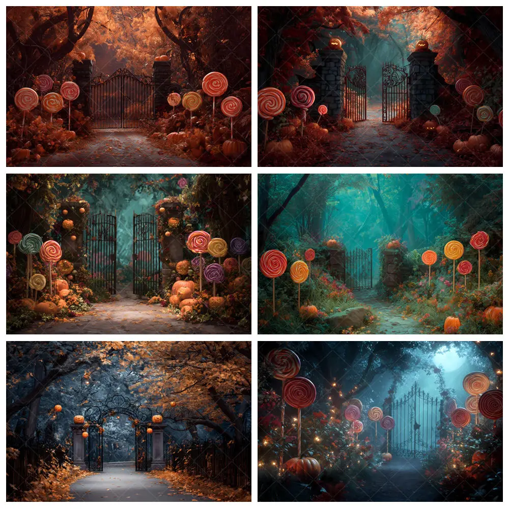 Fondo de caramelo de bosque de Halloween misterioso, puerta de hierro, calabaza, retrato de niños, decoración de fiesta, fondo de fotografía para estudio fotográfico