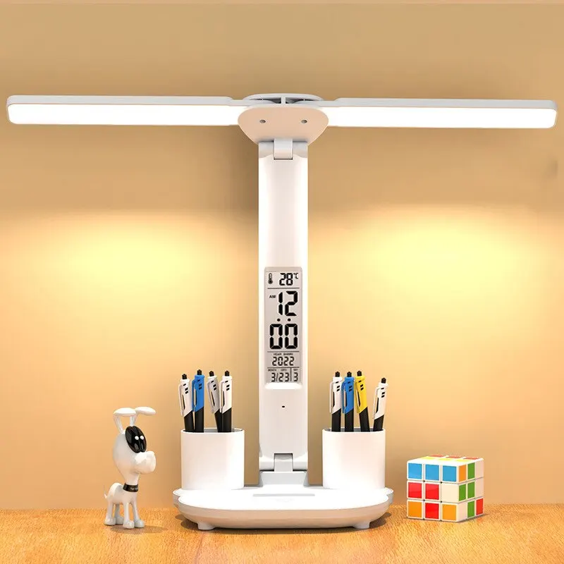

Rotatable Foldable LED Clock Table Lamp Dual Head Dimmable Eye Protection Reading Night Light USB Rechargeable Desk Lamp