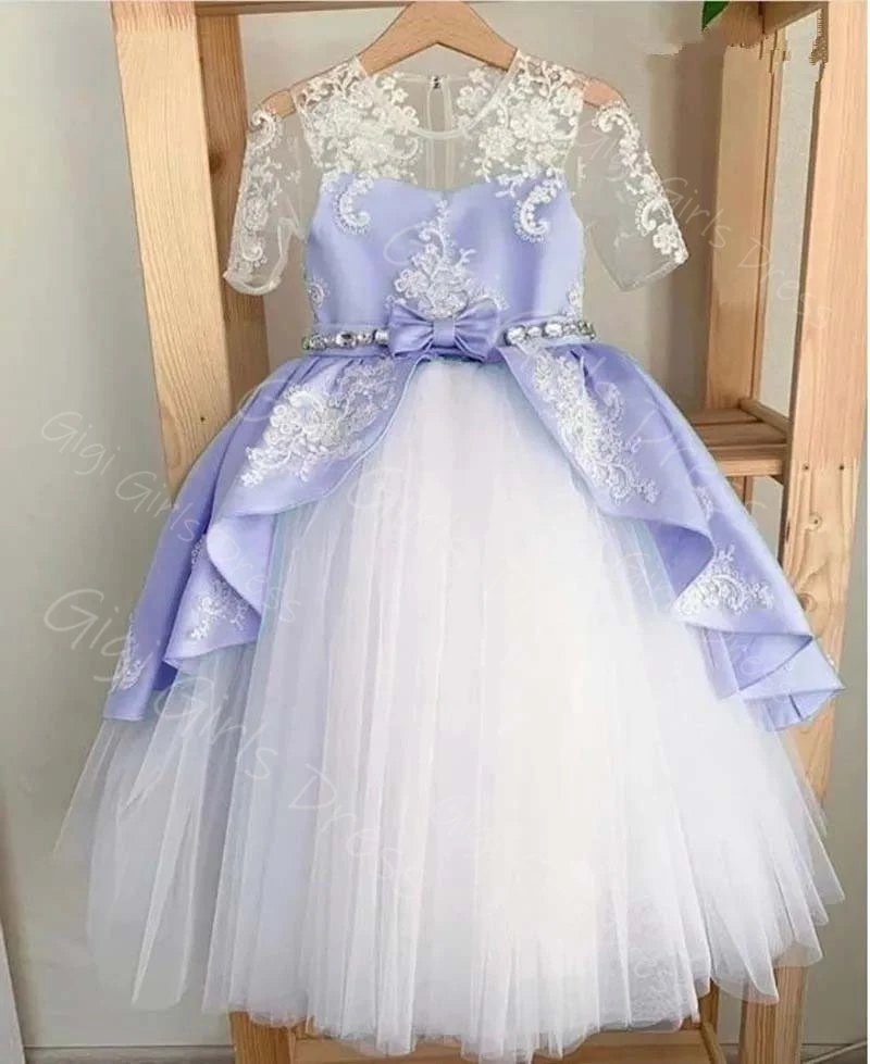 Vestido de niña de flores realimado para boda 2-14 niños vestido de comunión de manga corta con cuello transparente y fajas de cristal personalizado