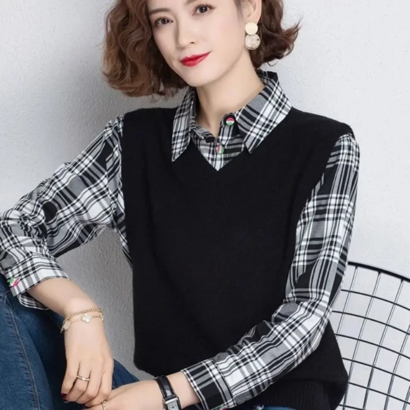 

Fake Two-piece Women's Vest Sweater Top Spring Autumn New Shirt Collar Long Sleeve Knitted Bottoming Shirt Shirts Women
