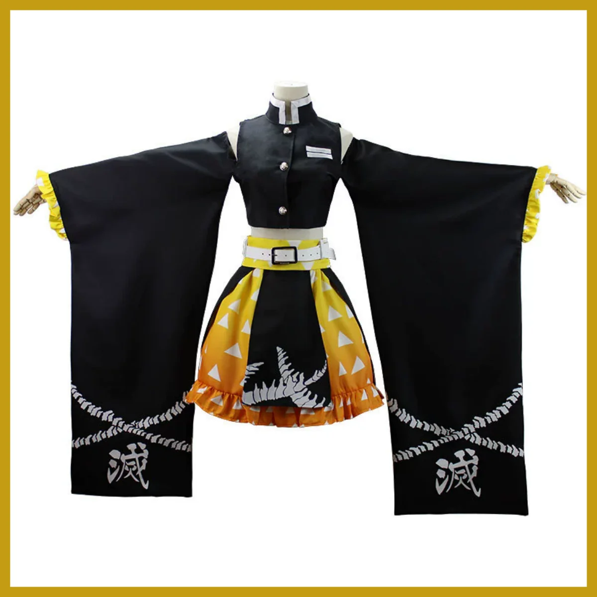Anime Agatsuma Zenitsu Cosplay Costume Sexy Off Shoulder Black Dress Lolita Skirt Wig Man Woman Kawaii Halloween Party Suit view 2