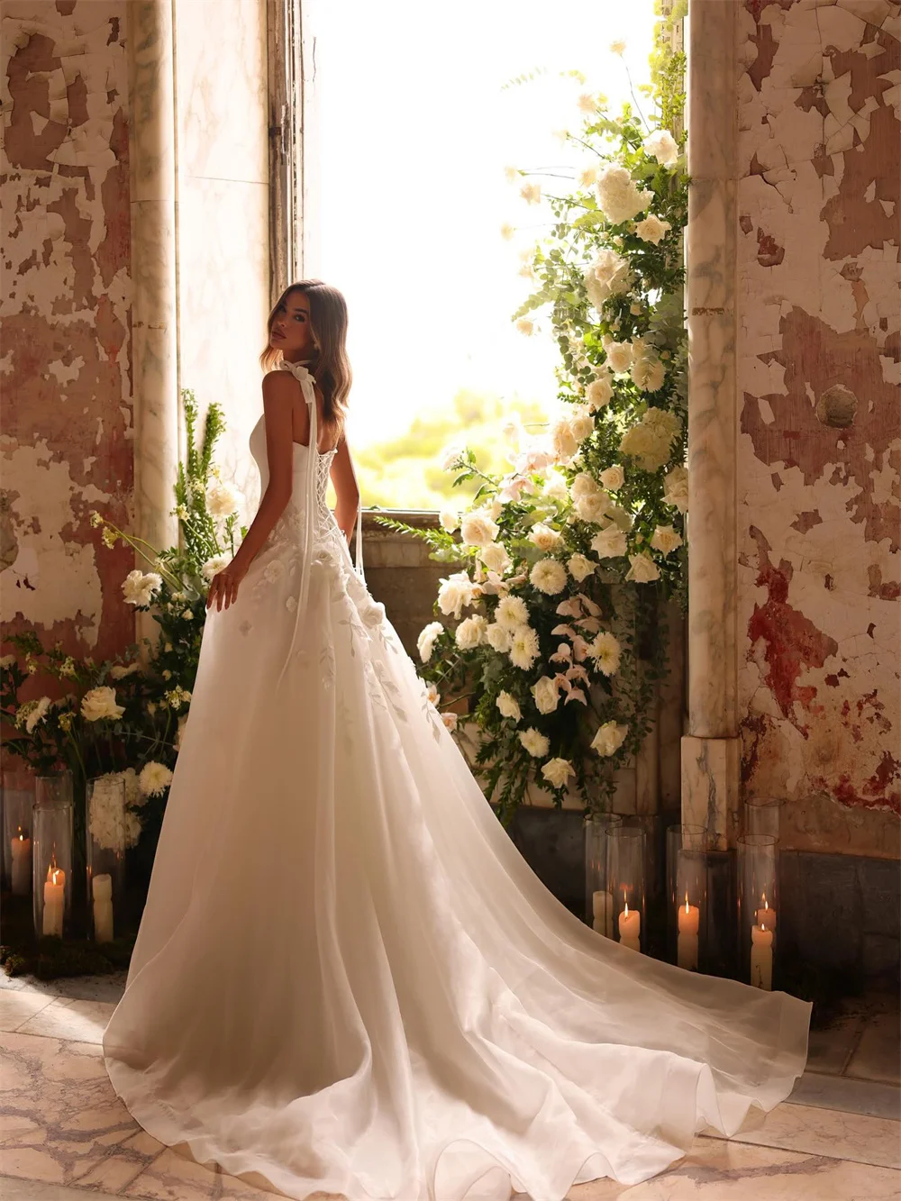 Tokyo Customized Elegant Square Collar Wedding Dresses Sleeveless Back Lace-Up Tulle Bridal Gowns White A-Line Wedding Gowns