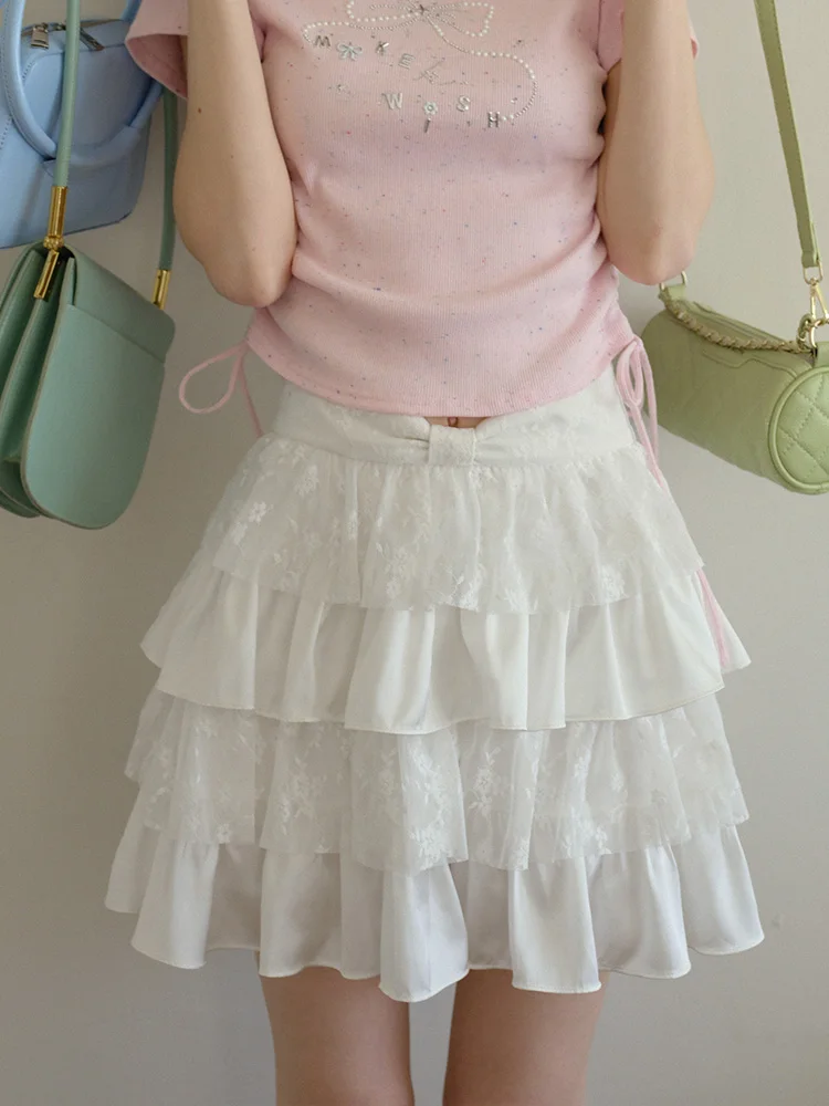 Isislove Cute Lace Embroidery Multi-layered Fluffy Short Ballet Style Half Skirt Women's High Waist Cake Skirt Casual Wear