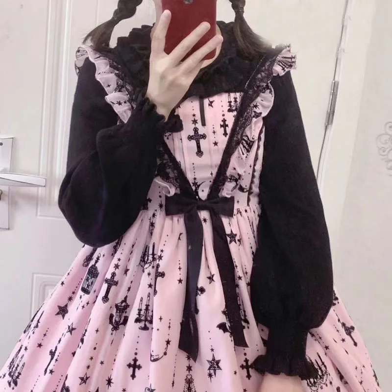 Jersey de punto estilo Lolita para mujer, suéter bordado con volantes escalonados, Tops de punto Harajuku, dulce, Vintage