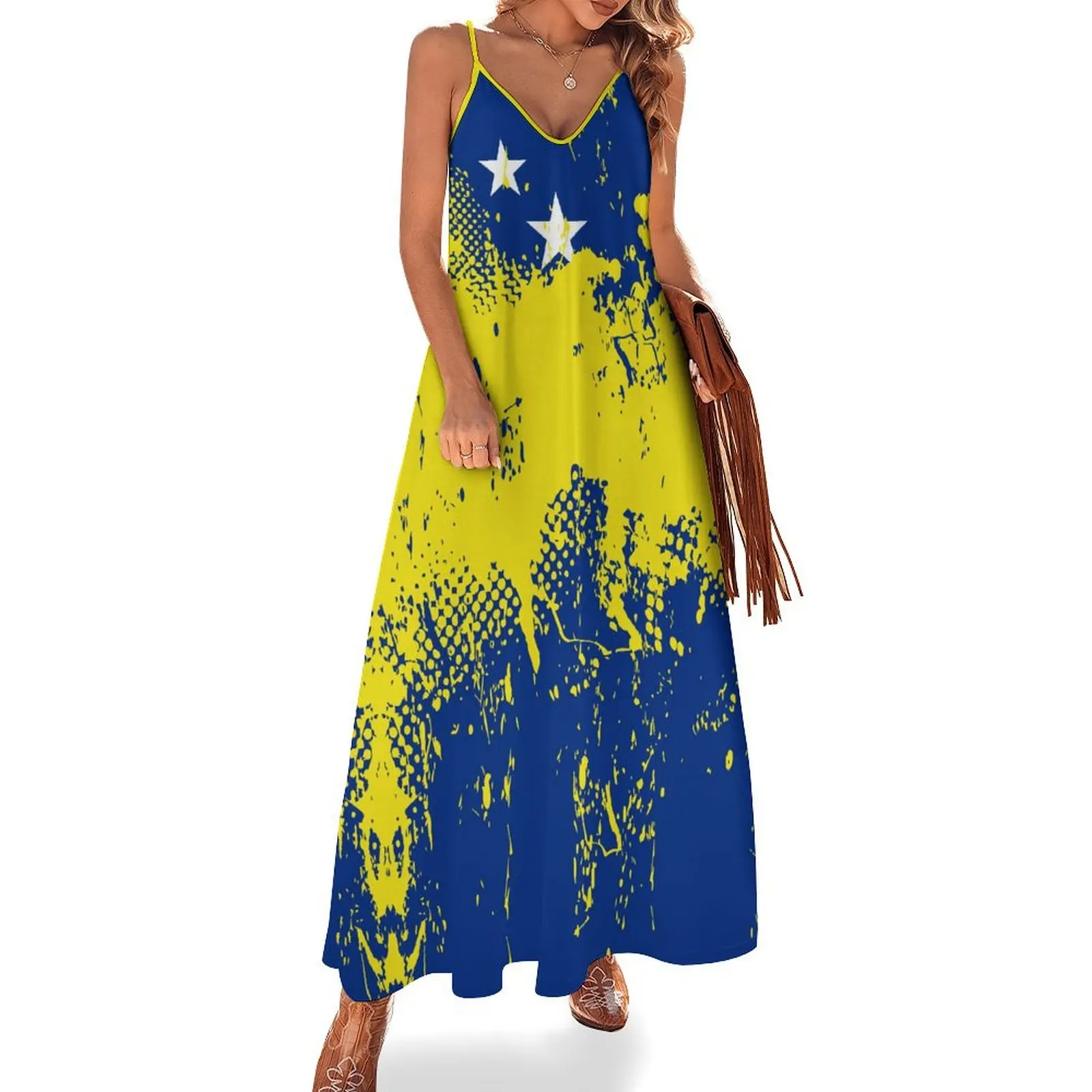 Lange Jurken Jurk Curaçao Curacao Vlag Print Nieuwe Casual Mouwloze Dames V-Hals Bedrukte Jurk Swing Retro Jurken