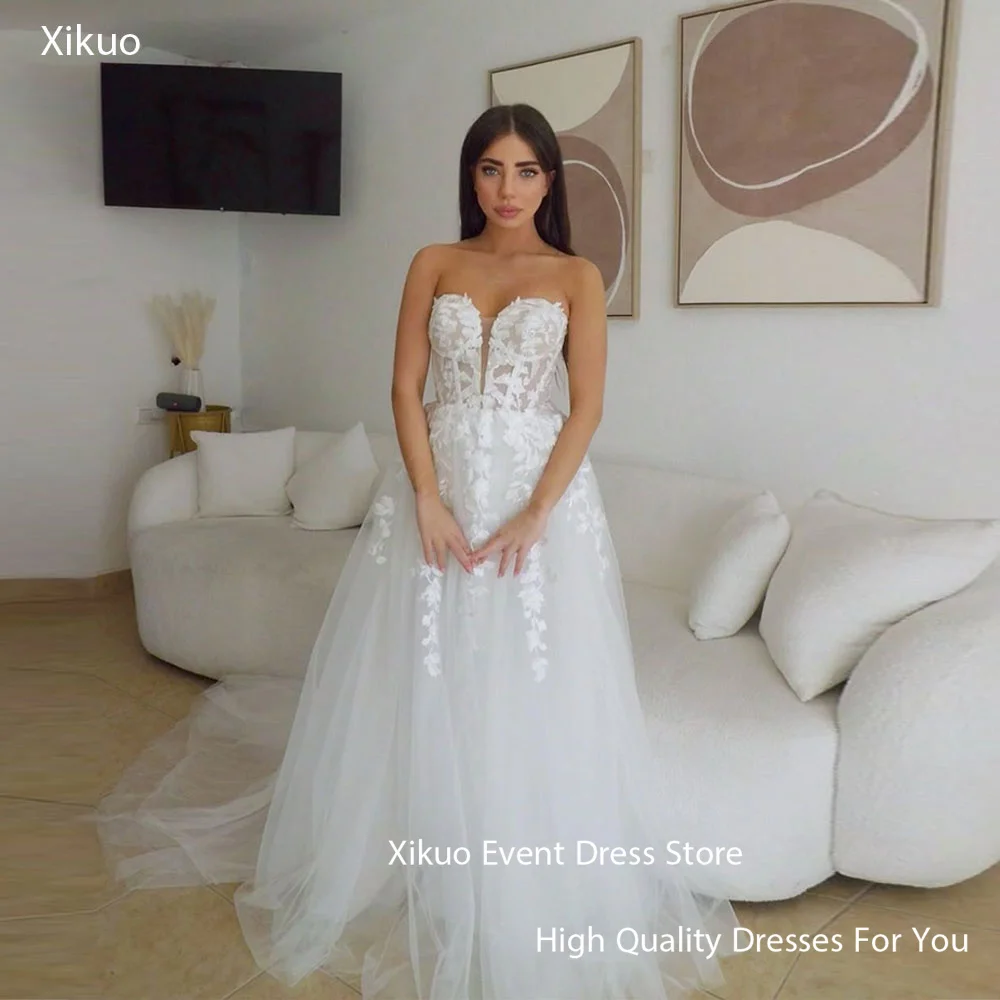 Xikuo ロング A ライン自由奔放に生きるウェディングドレス恋人チュールブライダルドレス優雅なアップリケ女性 Vestido デノビアカスタマイズ