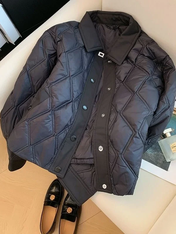 

Bla Diamond Pattern Lightweight Cotton Jaet Collar Women's ort Design Winter Outerwear Comfortable Breathable