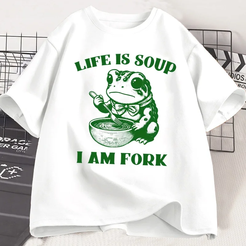 

Life Is Soup I Am Fork Fun Frog 3D Printed Women's Round Neck Short Sleeve Breathable Quick Drying Loose Comfortable T-shirt