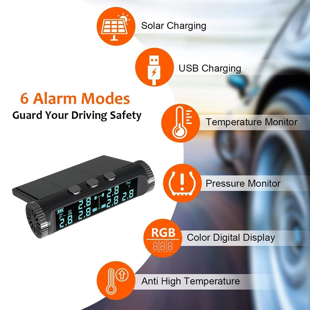 Tire Pressure Monitoring System Alarm Tpms 6 Sensors Solar  Charging Tire Pressure Sensors for Trucks RV BUS Safety Driving