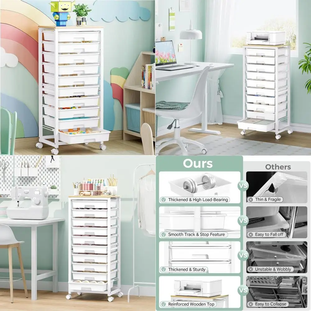 

10-Drawer Mobile Storage Cart with Wooden Top for Classroom and Craft Organization