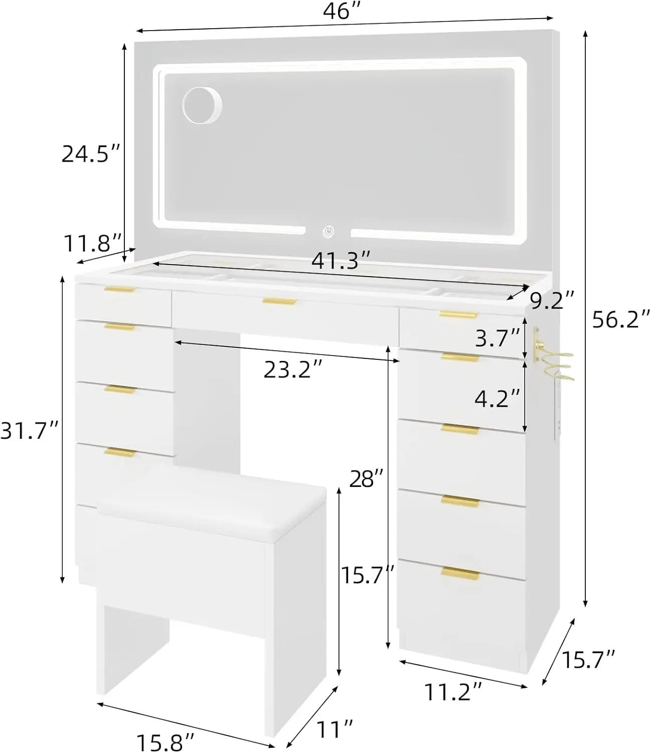 Glass Top Vanity Desk with LED Lighted Mirror & Power Outlet,